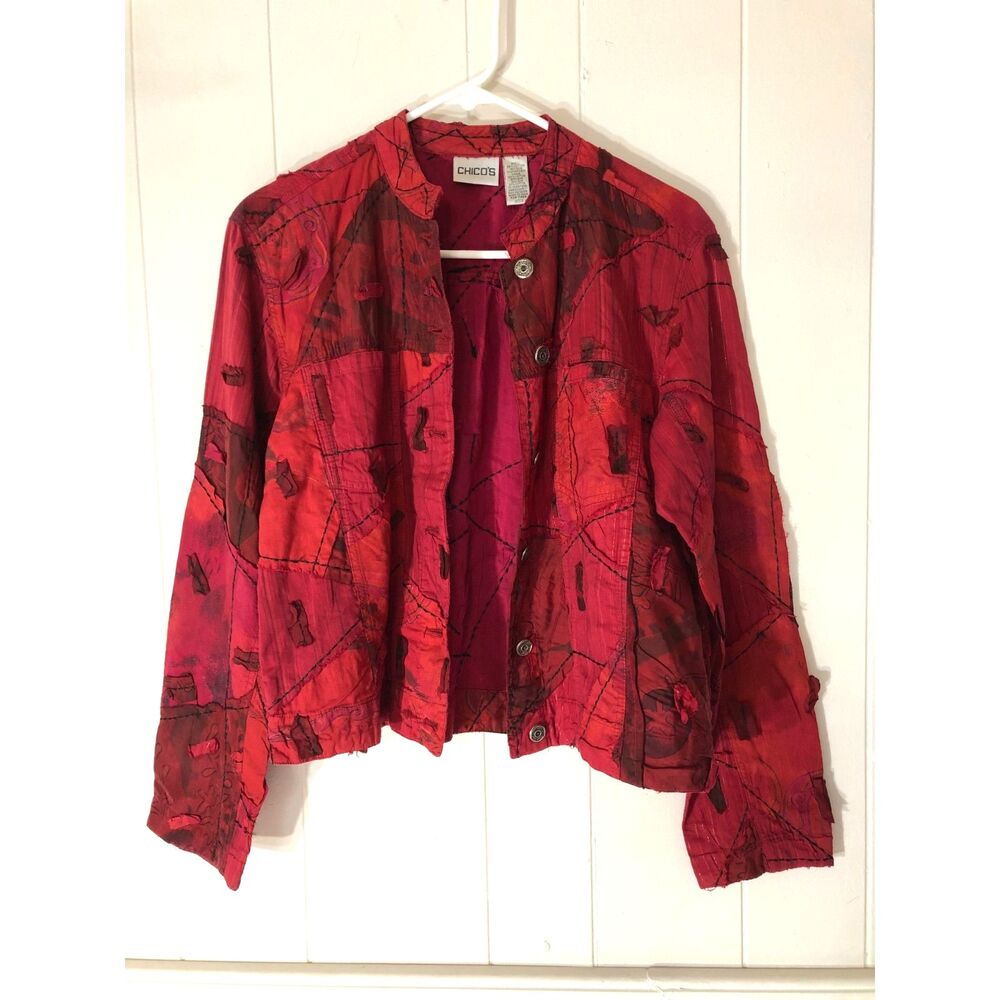 Chicos Art To Wear Patchwork Silk Cotton Jacket Red Boho Embroidery Sz 0 S Vtg